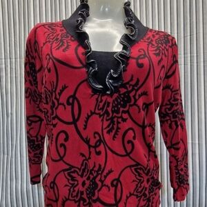 "Red" Top Sweater Red And Black Ruffle Neck Size Large